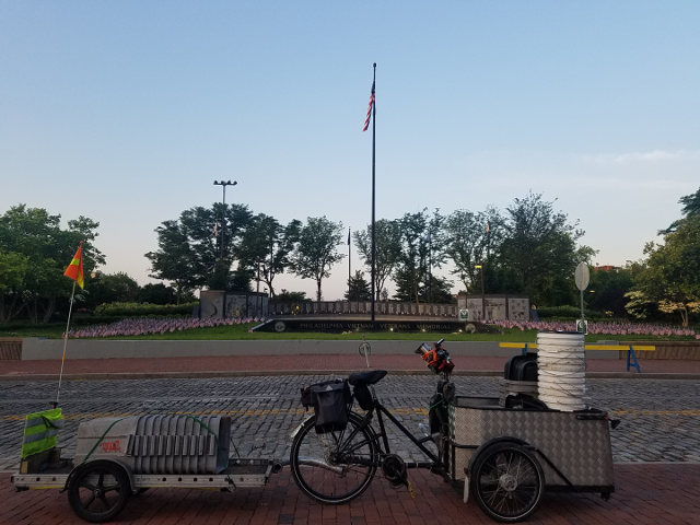 Bennett's trike and trailer by Philadelphia war memorial